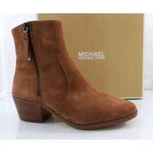 Michael Kors Sawyer Bootie Ankle Boots Zip MK Logo Suede Carob Brown Size 7